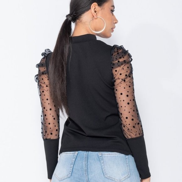 Black Long Mesh Polka Dot Sleeve High Neck Top - Picture 5 of 6